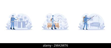 Protezione antivirus, servizio di disinfezione per ufficio, sanificazione dei luoghi pubblici, sterilizzazione a casa, ambiente di lavoro pulito, protezione personale, prodotti chimici , piatta Illustrazione Vettoriale