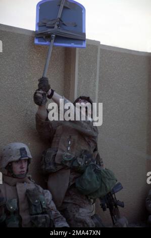 Le truppe del corpo della Marina statunitense (USMC) con 1st battaglione, 8th marines, cercano di attirare i ribelli a mostrare la loro posizione sparando su un bersaglio esteso su un muro e all'aperto, durante l'operazione al Fajr, che è a sostegno DELLA LIBERTÀ IRACHENA. Soggetto operativo/Serie: BASE PER LA LIBERTÀ IRACHENA: Fallujah Stato: Al Anbar Paese: Iraq (IRQ) Foto Stock