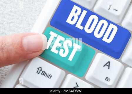 Segno che mostra il test del sangue. Approccio aziendale estratto campione di sangue da un organismo per eseguire un'analisi di laboratorio Foto Stock