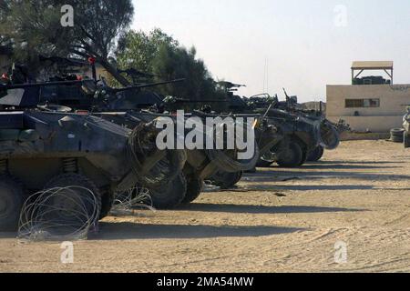 041216-M-2353F-008. Una fila di US Marine Corps (USMC) Light Armored Vehicles (LAV-25), assegnati al 1st Light Armored Reconnaissance Battaglione (LARB), sono presenti a Camp Owen, dopo aver completato le operazioni a Fallujah, in Iraq, durante l'operazione IRAQI FREEDOM II Foto Stock