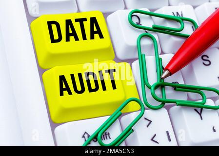 Simbolo di testo che mostra la verifica dei dati. Revisione di idee aziendali dei dati per valutarne la qualità per uno scopo specifico Foto Stock