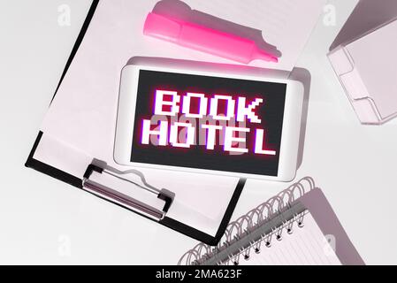 Didascalia di testo Presentazione del Book Hotel. Business Overview un accordo per avere una camera d'albergo o un alloggio Foto Stock