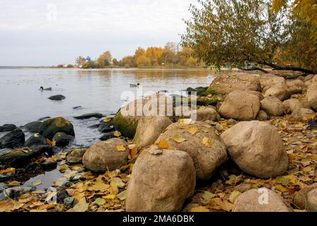 Grandi pietre sulla riva del lago in autunno Foto Stock