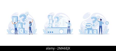 Persone personaggi vicini a punti esclamativi e interrogativi. Donna e uomo pongono domande e ricevono risposte. Concetto delle domande frequenti, s Illustrazione Vettoriale