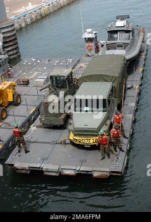 I seabee della Marina MILITARE STATUNITENSE (USN), assegnati al Battaglione di costruzione anfibio uno (ACB-1), si preparano a scaricare le attrezzature da un accendisigari a una nave pesante, nel porto di San Diego, California (CA). Base: San Diego Stato: California (CA) Paese: Stati Uniti d'America (USA) Foto Stock