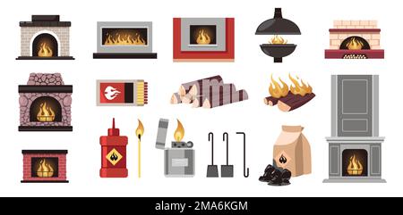 Stufa di riscaldamento interna. Caminetti con fuoco fuoco fuoco fiamma poker carburante pala, cartone animato fascio di elementi focolare piano stile accogliente casa interno Illustrazione Vettoriale