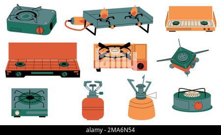 Stufe da campeggio. Bruciatori portatili a gas per turismo, forni a propano all'aperto, attrezzatura da cucina per picnic con fuoco aperto. Set con isolamento vettoriale Illustrazione Vettoriale