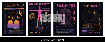 Poster acidi. Design del collage astratto di rave psichedelico con simboli surreali trippy retrofuturistici, modelli groovy originali in stile 70s. Vettore Illustrazione Vettoriale