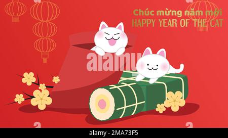 Anno del gatto con banh chung e banh Tet. Carino gatto in una busta rossa. Biglietto d'auguri vietnamita per il nuovo anno 2023 con fiore giallo di albicocca. Illustrazione Vettoriale