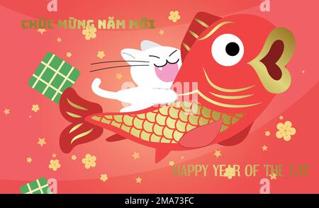 Carino gatto che tiene un grande rosso e dorato carpa pesce. Lunare nuovo anno 2023 o vietnamita anno del gatto. Tết Nguyên Đán biglietto d'auguri. Illustrazione Vettoriale