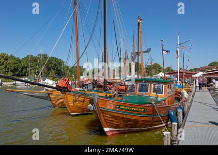 Barche in legno, porto, Wustrow, Meclemburgo-Pomerania occidentale, Germania Foto Stock