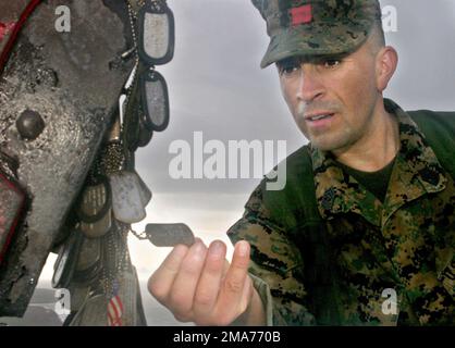 US Marine Corps (USMC) First Sergeant (1SGT) Lenny Maldonado, assegnato a Landing Support Company (LSC), 3rd Battaglione di supporto ai trasporti (TSB), 3rd Force Service Support Group (FSSG), guarda una delle molte coppie di tag per cani Marines hanno lasciato al Memorial situato in cima al Monte Suribachi, Iwo Jima, Giappone. Base: Mount Suribachi Stato: Iwo Jima Nazione: Giappone (JPN) Foto Stock