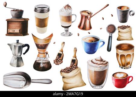 Set di illustrazioni acquerello per preparare il caffè. Includono macchina per il caffè Geyser e chemex, sacchetto di caffè di iuta, latte in una tazza di vetro, macinacaffè, Turk Foto Stock