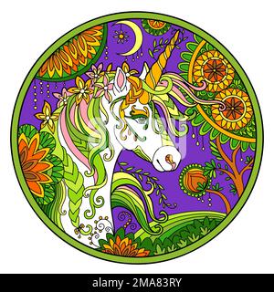 Unicorno d'autunno colorato stilizzato a mano con grafica vettoriale di fiori magici. Cavallo magico in stile zentangle doodle. Modello in pizzo a forma rotonda. FO Illustrazione Vettoriale