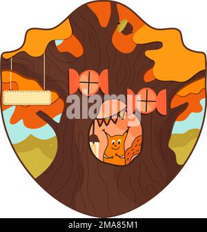 Design del badge Camping Adventure con quercia e scoiattolo. Grafica del logo da viaggio. Etichetta retrospettiva del vettore stock isolata su sfondo bianco. Illustrazione Vettoriale
