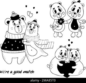 Adorabili orsi. Collezione coppia orsi abbracciando in abiti invernali romantici e coppia di animali con fiore e cuore. Illustrazione vettoriale in doodle s Illustrazione Vettoriale