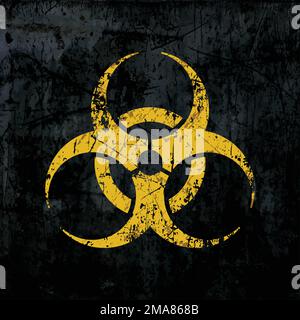 biohazard arrabbiò giallo su vecchio piano leggermente sporco grungy nero metallo cemento parete texture sfondo vettore illustrazione Illustrazione Vettoriale