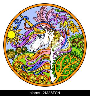 Testa di unicorno colorata disegnata a mano stilizzata con illustrazione vettoriale dei fiori magici. Cavallo magico in stile zentangle doodle. Modello in pizzo a forma rotonda. Per Illustrazione Vettoriale