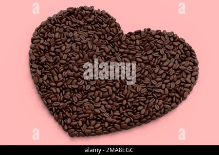 I chicchi di caffè arrostiti si diffondono come fondo a forma di cuore. 3d rendering del concetto di cibo e bevande da asporto Foto Stock