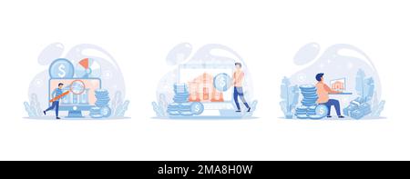 Piattaforma di online banking, servizio bancario remoto, sistema di transazioni online per l'investimento e il pagamento mobile. Operazioni bancarie, cambio valuta Illustrazione Vettoriale