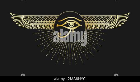 Emblema d'oro dell'antico simbolo egiziano occhio di Horus isolato su sfondo nero. Illustrazione vettoriale. Illustrazione Vettoriale