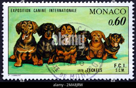 MONACO - CIRCA 1976 un francobollo stampato a Monaco mostra Dachshunds, International Dog Show, Monte Carlo, circa 1976 Foto Stock