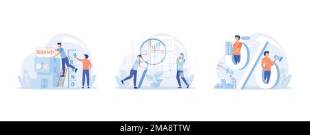 Creazione di marchi aziendali. Team costruisce un nuovo marchio. Campagna promozionale. Ricerca e analisi della concorrenza. Ricerca di mercato e sviluppo di strategie aziendali Illustrazione Vettoriale