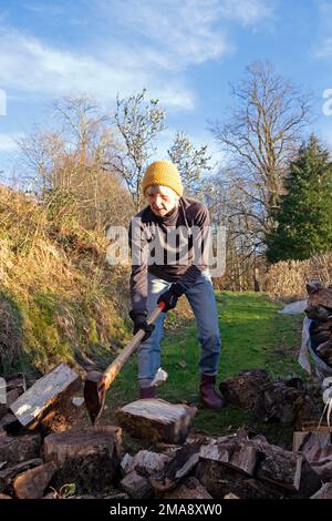 Donna anziana in forma 75 anni 70s ottenere esercizio per mantenere caldo tagliando tronchi per legna da ardere con un'ascia nel Galles rurale Regno Unito Gran Bretagna KATHY DEWITT Foto Stock