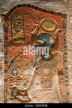Rilievo, Schöpfergott Ptah in Seinem Schrein, Grab Ramses III, KV11, tal der Könige, Theben-West, Ägypten Foto Stock