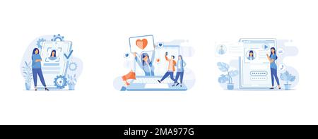 Tecnologie di verifica concetto astratto, concetto astratto influenzatore virtuale, registrazione concetto astratto, impostare vettore piatto illustrazione moderna Illustrazione Vettoriale