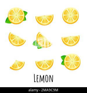 Set di limone intero giallo succoso e fettine di limone isolate su fondo bianco. Elemento di design per etichetta prodotto, stampa catalogo, uso web isolato Illustrazione Vettoriale