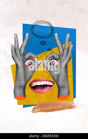 Grafica creativa collage ucraina guerra crimine concetto volto dita binoculare okey simbolo mente chatterbox isolato su sfondo di colore beige Foto Stock