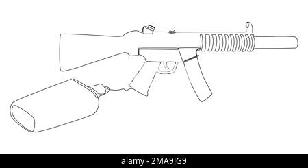 Una linea continua di pistola a macchina disegnata con una matita. Concetto di vettore di illustrazione a linea sottile. Disegno di contorno idee creative. Illustrazione Vettoriale