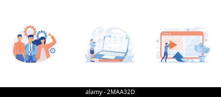 Lavoro di squadra, documento elettronico, creatore di contenuti video, blogger personaggio cartone animato colorato, set piatto vettore moderna illustrazione Illustrazione Vettoriale