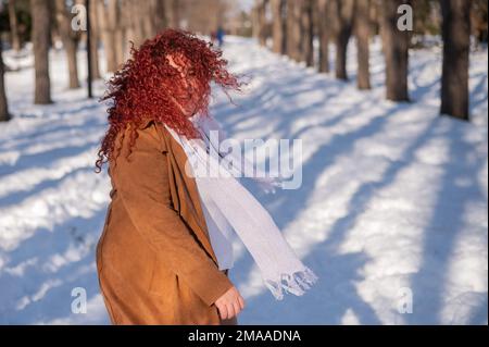 Ritratto di una donna grassa eccitata dai capelli rossi nel parco in inverno. Foto Stock