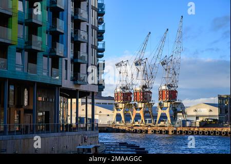 Ammira il moderno blocco di appartamenti da Tjuvholmen a Aker Brygge a Filippstadkaia e tre autogru, Oslo, Norvegia. Foto Stock