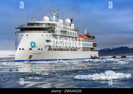 Nave da crociera della spedizione Greg Mortimer vicino a Torellneset Alkefjellet nell'arcipelago di Svalbard, Norvegia artica. Torellneset è un promontorio del sud Foto Stock