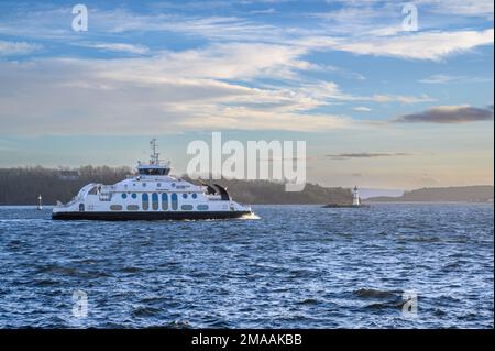 Il traghetto cittadino di 'Dronningen' attraversa l'Oslofjord fino alla penisola di Bygdoy passando per le isole e un piccolo faro, Oslo, Norvegia. Foto Stock