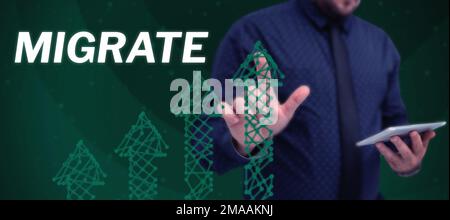 Testo che mostra Inspiration Migrate. Parola per spostare o viaggiare da un paese o località ad un altro Foto Stock
