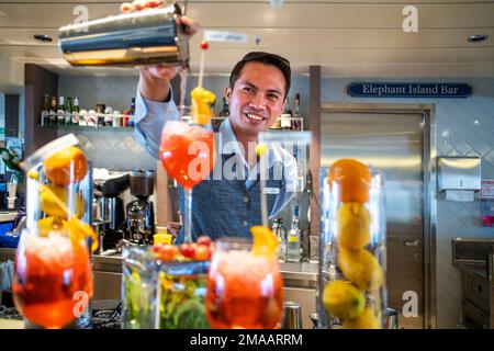 Cocktail bar nella nave da crociera della spedizione Greg Mortimer nell'arcipelago di Svalbard, Norvegia artica. Paesaggio vicino Phippsoya, Svalbard Foto Stock