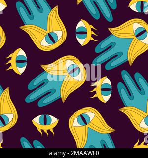 modello esoterico senza cuciture in stile 1970 con mano hamsa e occhi malvagi. Fatima mano amuleto e astratto psichedelico sfondo occhio. Stampa vintage, tessuto, carta da parati, carta da imballaggio. Illustrazione vettoriale. Illustrazione Vettoriale