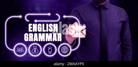 Segno di scrittura a mano grammatica inglese. I corsi Word for coprono tutti i livelli di lingua e scrittura in inglese Foto Stock