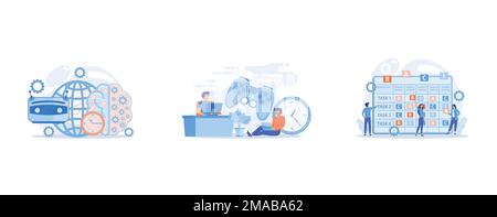 Intelligenza artificiale evoluta e futuristica, giocatori di persone piccole che giocano a videogame online, joystick e orologio enormi, persone di piccole dimensioni al risponditore Illustrazione Vettoriale