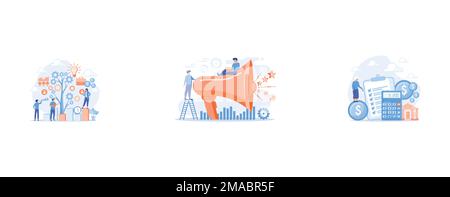 Business Operation planning, business man con megaphone promuovere le icone dei media., Earnings fund, budget calculating, social Security, impostare flat vector mode Illustrazione Vettoriale