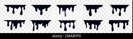 Gocciolamento di vernice liquida. Set di gocce di fusione nero. Sangue, olio e liquido blob isolato. Illustrazione vettoriale Illustrazione Vettoriale