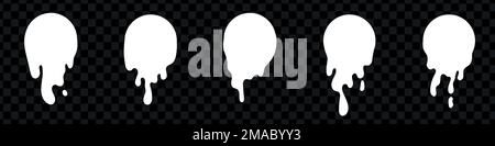 Gocciolamento di vernice liquida. Etichette circolari per set di gocce di colata bianche. Sangue, olio e liquido blob isolato. Illustrazione vettoriale Illustrazione Vettoriale