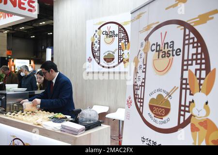 Madrid. 18th Jan, 2023. Foto scattata il 18 gennaio 2023 mostra uno stand espositivo della Cina alla Fiera Internazionale del Turismo FITUR 2023 di Madrid, Spagna. La fiera, che ha preso il via qui mercoledì, durerà fino al 22 gennaio. Credit: Gustavo Valiente/Xinhua/Alamy Live News Foto Stock