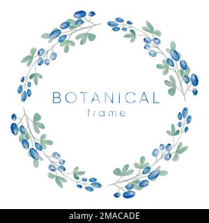 Acquerello Botanico rami dipinti a mano con bacche blu su sfondo bianco. Cornice botanica Illustrazione Vettoriale