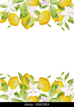 Modello di scheda, cornice di acquerello disegnata a mano rami di limoni, fiori e limoni su sfondo bianco Illustrazione Vettoriale