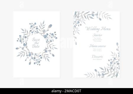 Biglietti di invito per matrimoni. Blu chiaro stile Watercolor collezione design, invito e modello di menu. Illustrazione Vettoriale